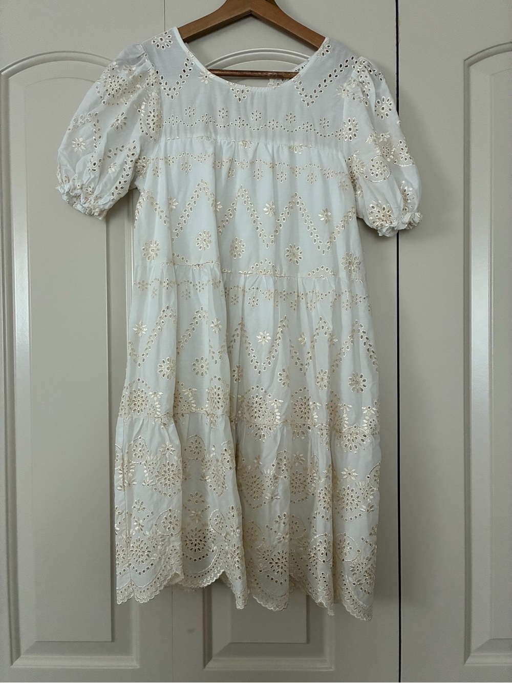 Moon River Cream Eyelet Puff-Sleeve Tiered Dress